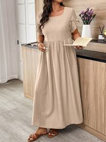 Breezaya Váy chữ A tay ngắn viền bèo nhún màu trơn cỡ lớn - Màu Khaki - Xem 5