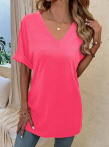 SHEIN LUNE 女士纯色 V 领短袖休闲宽松 T 恤