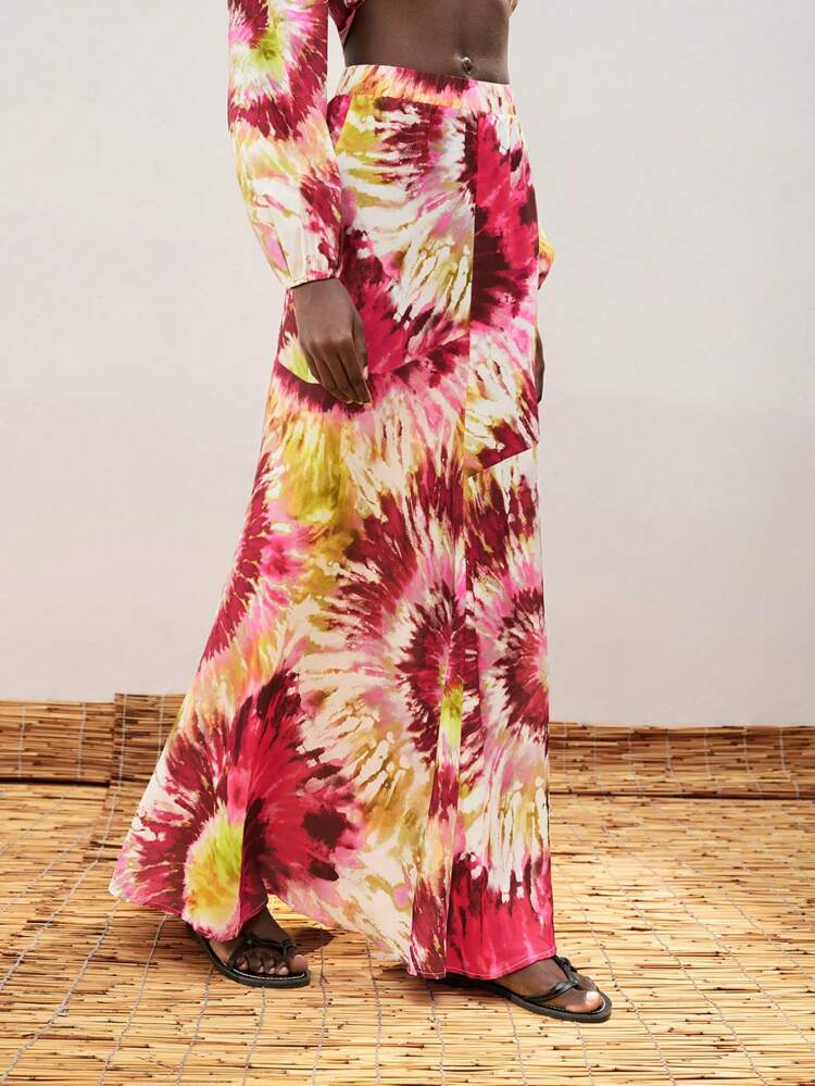 SHEIN Maija Women's Red Summer, Elastic Waistband, Side Zipper, Tropical Sunflower Tie-Dye Pattern, Fashionable Long Skirt, Casual Bohemian Beach Resort Style Summer
