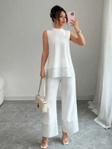 Elenzga 2 件女式套装：亮片拼布无袖立领上衣和裤子 - 白色 - 查看 5