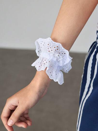 Kawaii 1pc White Embroidered Elastic Hair Tie, Suitable For Everyday Wear Ponytail Holder Hair Rope