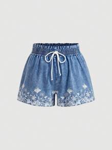 SHEIN MOD Plus Size Blue Elastic Waist Embroidered Denim Shorts - Light Wash - View 5