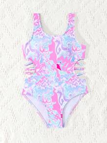 Tween Girls' Marble Print Cutout One-Piece Swimsuit - Baby Pink - View 5
