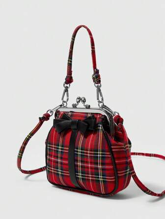Kawaii Retro Lolita Style British Red Plaid Handbag, French Black Bow Romantic Sweet Lady Tote Bag, Elegant Shoulder Bag Suitable For Dates, Parties, And Photoshoots