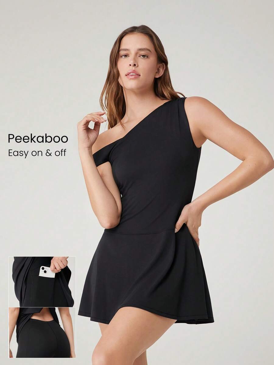 GLOWMODE FeatherFit™-Air Sweat-Wicking Quick-Dry Peekaboo One-Shoulder Mini Dress With Built-In Shorts Side Pockets Non-Slip Grips Daily Casual Wear Removable Cups - Black - View 1
