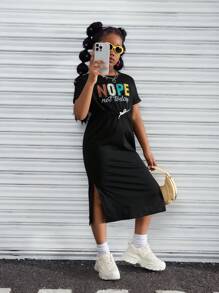 SHEIN Casual Letter Print Ruffle Cuff Waisted Dress