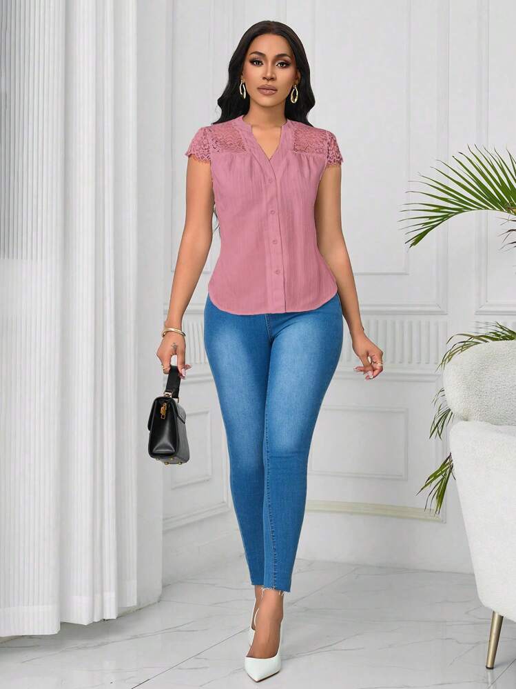 Lunelith SHEIN Lunessa Camisa Feminina de Manga Curta Elegante com Aplicação de Renda e Estampa em Onda - Rosa chiclete - Visão 5