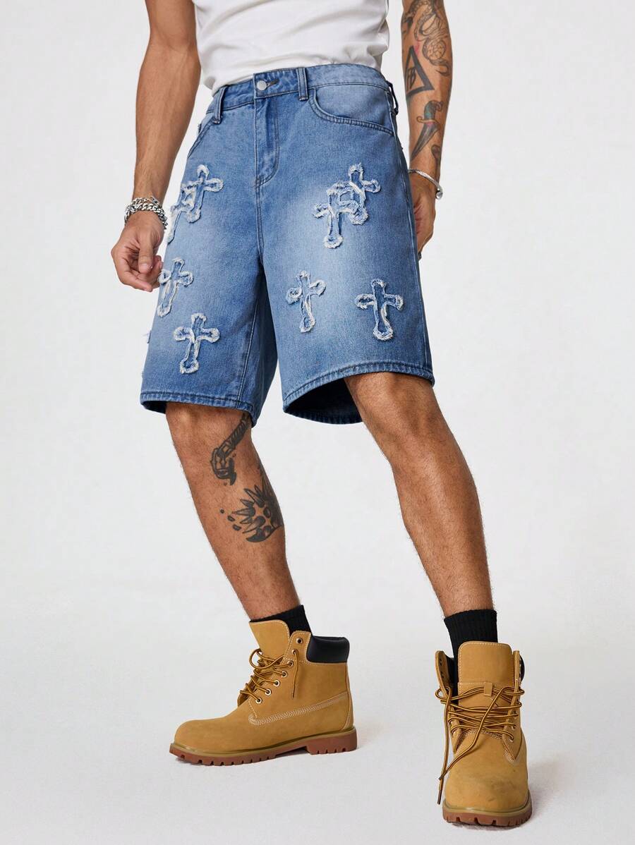 PAVTROS Quần short denim rộng rãi thường ngày có túi vá chéo dành cho nam - Rửa trung bình - Xem 1