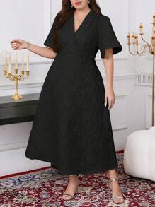 SHEIN Clasi Damen Große Größen Jacquard Kragen Kurzarm Elegantes Kleid - Schwarz - Übersicht 1