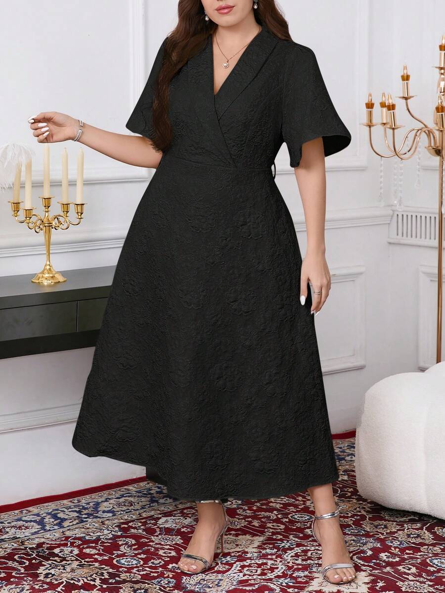 SHEIN Clasi Damen Große Größen Jacquard Kragen Kurzarm Elegantes Kleid - Schwarz - Übersicht 1