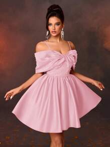 Lovelzi 女士优雅缎面超大蝴蝶结袖仿珍珠装饰蝴蝶结和前围兜 A 字裙，适合派对、庆典、圣诞舞会、婚礼宾客礼服、舞会礼服 - 粉色 - 查看 3