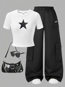 SHEIN Sparklyn Conjunto informal de 2 piezas para niñas preadolescentes con top estampado de estrellas y pantalones cargo con múltiples bolsillos - Blanco - Ver 7