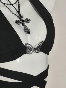 SHEIN ICON 2 件套女士 Y2k 外出度假两件套夏季套装交叉胸前紧身胸衣短款上衣和低腰裙套装 - 黑色 - 查看 3