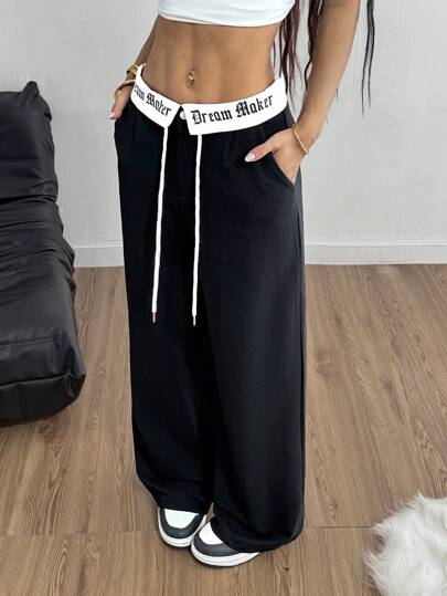 Coolane 女士夏季运动嘻哈图案撞色阔腿运动裤，返校服装