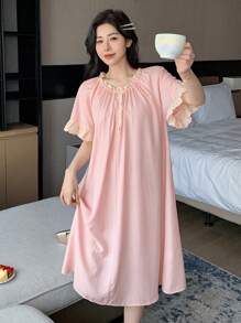 DAZY Sweet Ruffled Hem A-Line Design Women Nightgown Pajama - Pink - View 3