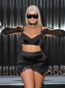 AltCore 5pcs/Set Punk Style Fringed Skirt Design Sexy Lingerie Set, Suitable For Music Festivals - Black - View 4