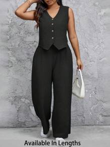 SHEIN Tall CURVE Plus Size Women Single-Breasted Vest And Pants Casual 2 Pieces Set - Black - View 1