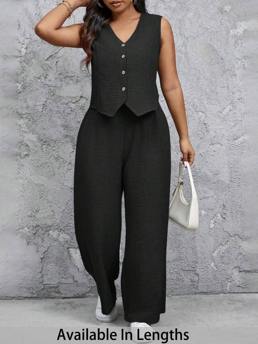 SHEIN Tall CURVE Plus Size Women Single-Breasted Vest And Pants Casual 2 Pieces Set - Black - View 1