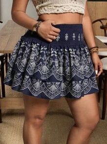 SHEIN Clasi 大尺碼印花多層抽褶腰可愛泡泡下擺迷你裙，適合外出、度假、派對 - 彩色 - 查看 3