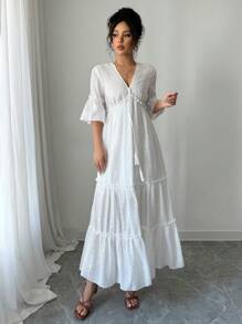 Elenzga V-Neck Flare Sleeve Hollow Out Embroidered Maxi Vacation Dress - White - View 3