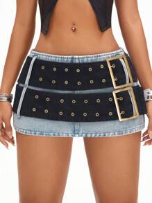 SHEIN ICON 女士撞色宽双腰带低腰牛仔短裙 - 中等水洗藍 - 查看 1