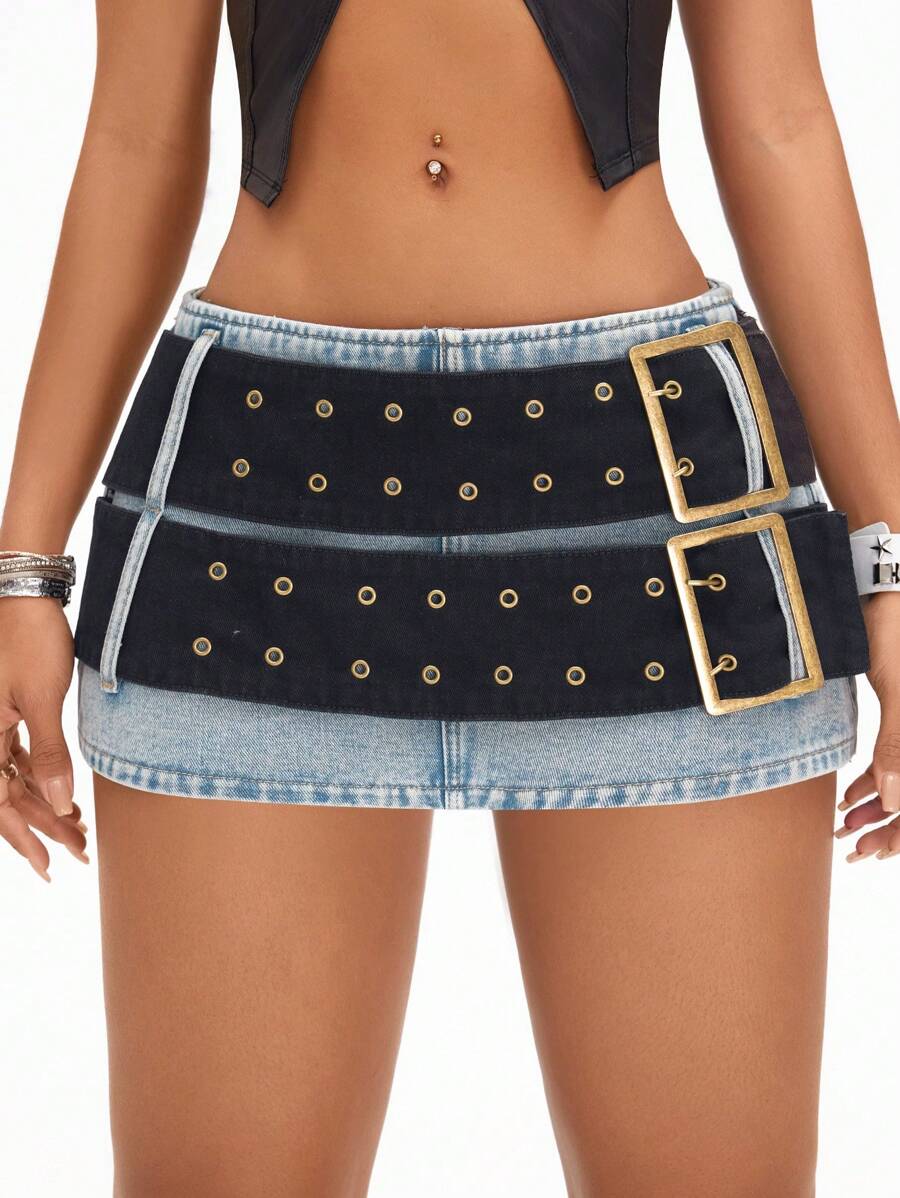 SHEIN ICON 女士撞色宽双腰带低腰牛仔短裙 - 中等水洗藍 - 查看 1