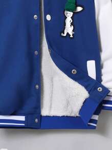 SHEIN Young Boy Cartoon Graphic Hat Patched Striped Trim Varsity Jacket - Blue and White - View 4