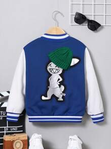 SHEIN Young Boy Cartoon Graphic Hat Patched Striped Trim Varsity Jacket - Blue and White - View 6