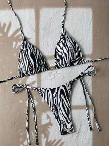 Swim Vcay Trang phục đi biển mùa hè cho phụ nữ, kỳ nghỉ xuân 2025 Bộ bikini 2 mảnh họa tiết hoa ngẫu nhiên, áo tam giác hở lưng và buộc dây bên hông - Đen và trắng - Xem 2