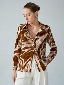 Aveloria Modichic Chemise femme à manches longues, style de conception tissu avec rayures brunes et dorées. Port polyvalent, convient pour le bureau et les tenues décontractées