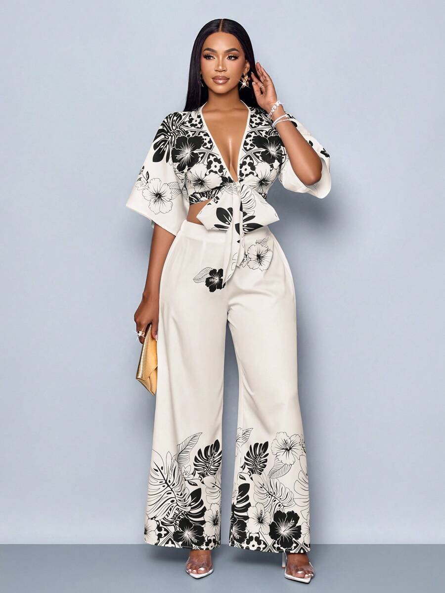 SOLERSUN 女士花卉印花蝴蝶袖短款上衣和阔腿裤两件套，春夏度假风格