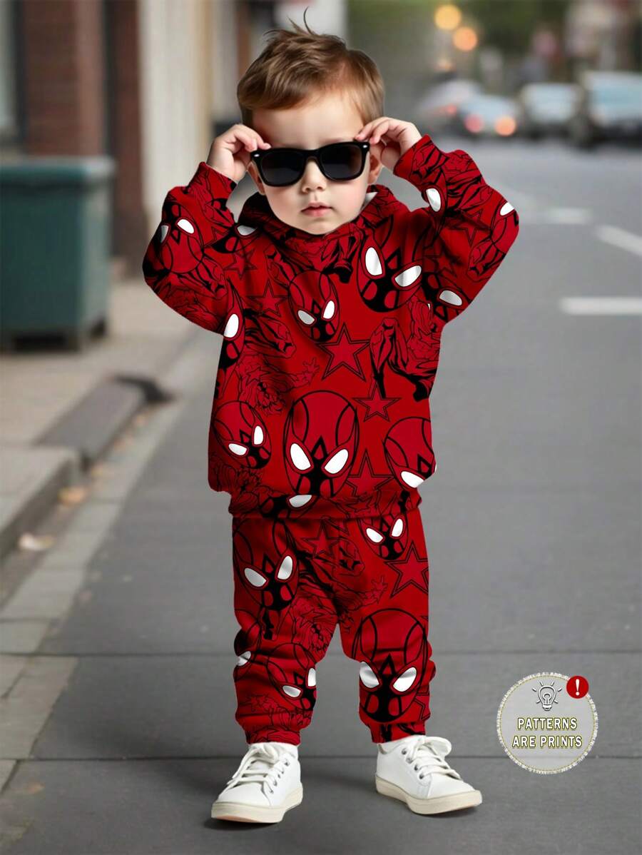 SHEIN Baby Boy Casual Minimalist Loose Comfortable Classic Cool Spider Logo Print Hoodie And Sweatpants Set, Suitable For Autumn/Winter
