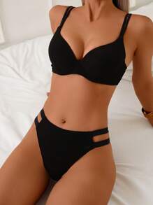 SHEIN 2 件套聚拢女士夏季海滩简约纯色纹理面料细肩带黑色比基尼套装 - 黑色 - 查看 1