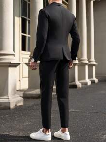 Manfinity Mode Men's Plain Lapel Neck Long Sleeve Top And Pants Suit Set,Men's Business Casual Printed Plaid Double-Breasted Suit Jacket And Trousers Set, Two-Piece Outfit Men Formal Outfit Men Dress Outfit Suits For Men Men Formal Wear Men Suit Formal - Black - View 2