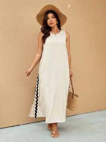 Elaquor Plus Size Vacation Casual Color Block Ribbon Side Split Dress