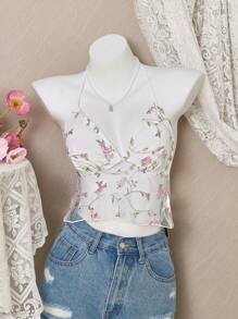 Lunelith SHEIN Lunessa Women's Floral Embroidery Mesh Sheer Halter Neck Camisole