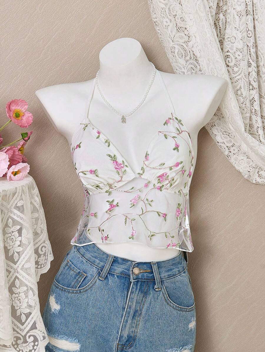 Lunelith SHEIN Lunessa Women's Floral Embroidery Mesh Sheer Halter Neck Camisole