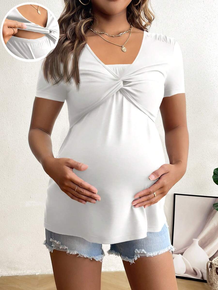 SHEIN Maternity & Nursing Solid Color Twist Front Short Sleeve Top, For Summer