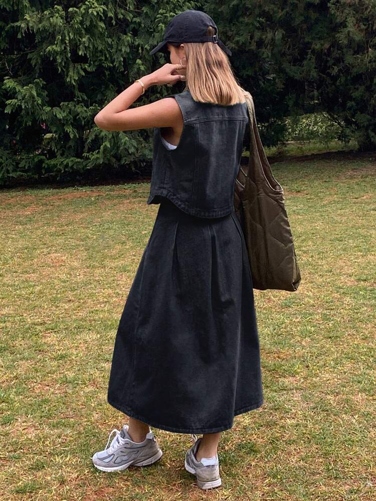 Women Solid Color Fitted Sleeveless Jacket & Mini Skirt Denim 2 Pieces Set,Fall Clothes