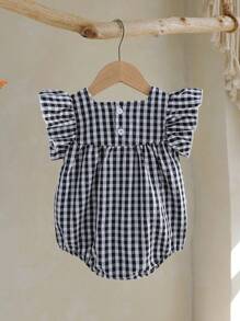 Vintaside Kids 1 pieza Mono de manga corta con estampado de cuadros verdes para bebé niña. Tela suave y cómoda, estilo casual y adorable de princesa, adecuado para primavera/verano, uso diario y viajes - Negro - Ver 2