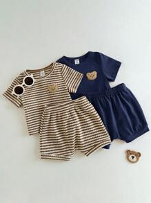 Loomiva 4pcs Baby Boy Knitted Soft Round Neck Short Sleeve Pullover Top And Elastic Waist Shorts Set - Multicolor - View 3