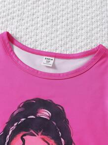 Girls Beauty Graphic Short Sleeve Round Neck 2pcs Set - Hot Pink - View 3