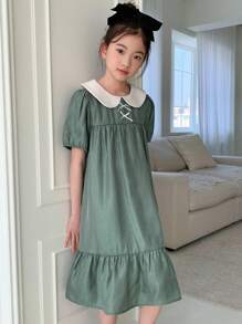 DAZY Váy ngắn tay dệt họa tiết búp bê khối màu cho bé gái tuổi mới lớn, mùa hè, quần áo trở lại trường - Màu xanh lá cây đậm - Xem 4