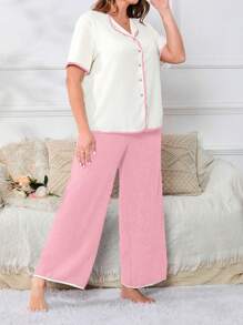 Plus Size Women Two Pieces Pajama Set , Contrast Color Short Sleeve Top And Pants, Outfits - Pink - View 4