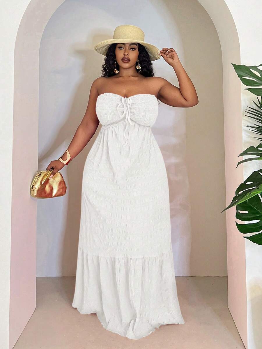 Veslaya Women Plus Size Rose Red Halter Neck Vacation Dress - White - View 1