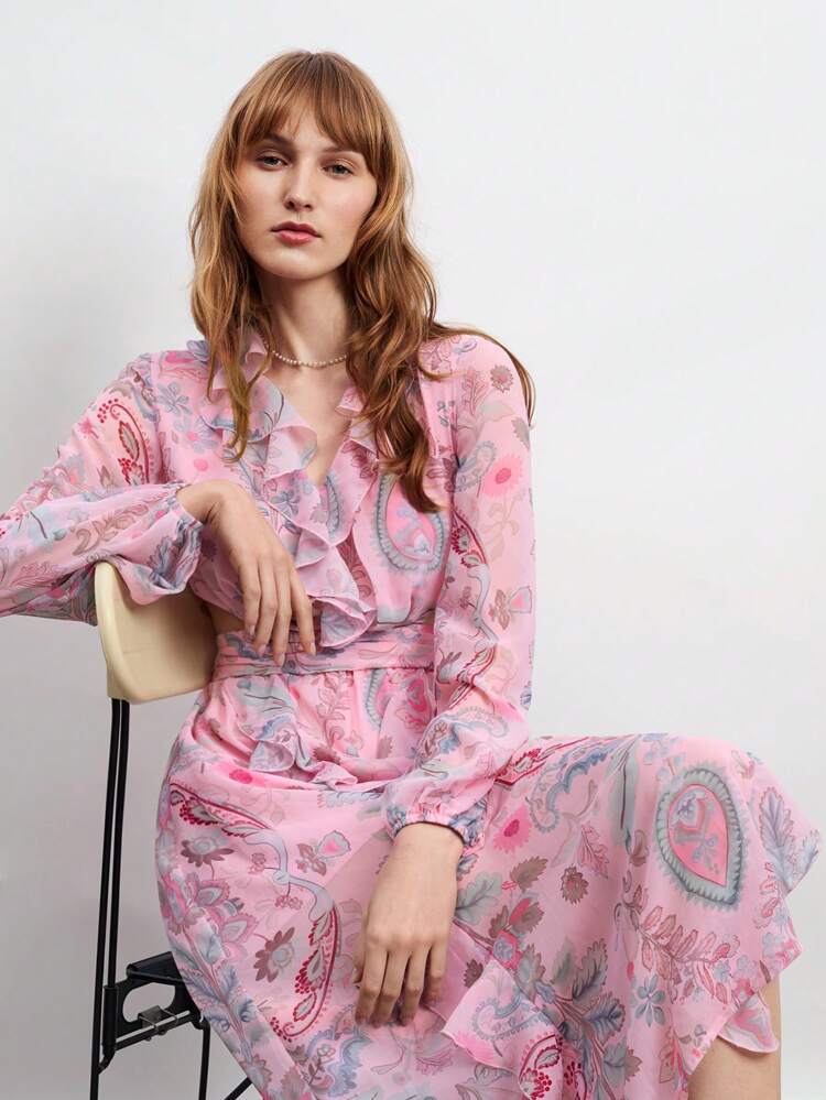 SHEIN Maija Women's V-Neck Ruffled Waist Cutout Cashew Floral Print Lantern Sleeve Long Maxi Beach Dress, Bohemian Style Leisure Resort Wear, Fashionable & Casual