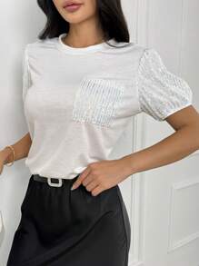 Chiquease 2025春夏泡泡袖圆领修身T恤 - 白色 - 查看 4