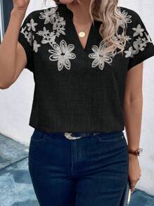 SHEIN LUNE 大码女式编织休闲常规夏季衬衫 - 黑色 - 查看 4