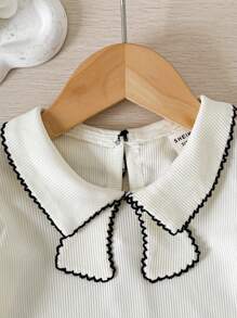 SHEIN Elladie kids 女宝宝优雅简约百搭蝴蝶结设计领针织罗纹泡泡袖上衣，春夏 - 白色 - 查看 6