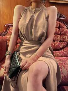 DAZY 2pcs Women Solid Color Stand Collar Top And Skirt Set, Spring/Summer - Khaki - View 2